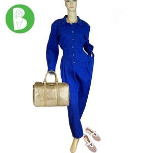 VINTAGE 1980'S D. FRANK BLUE COTTON JUMPSUIT W/GOLD STUDDING (14)